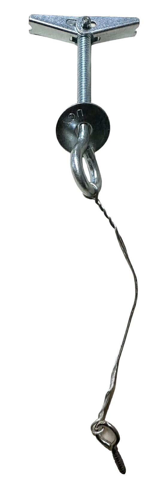 Ceiling cloud mounting kit: toggle bolt with spring wings, washer, eye bolt, hanging wire, and screw eye